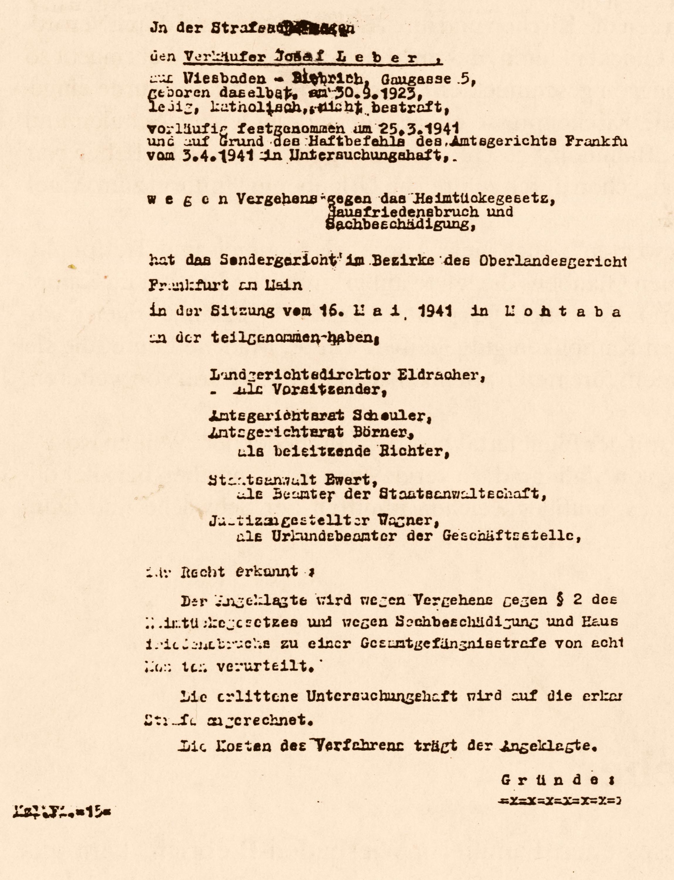 Erstes Blatt des Sondergerichtsurteils gegen Josef Leber